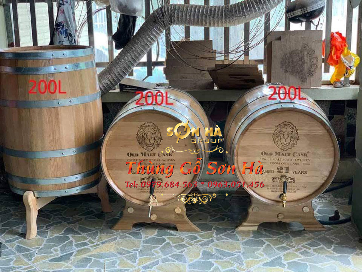 Thùng gỗ Sồi ủ rượu 200L dáng nằm 